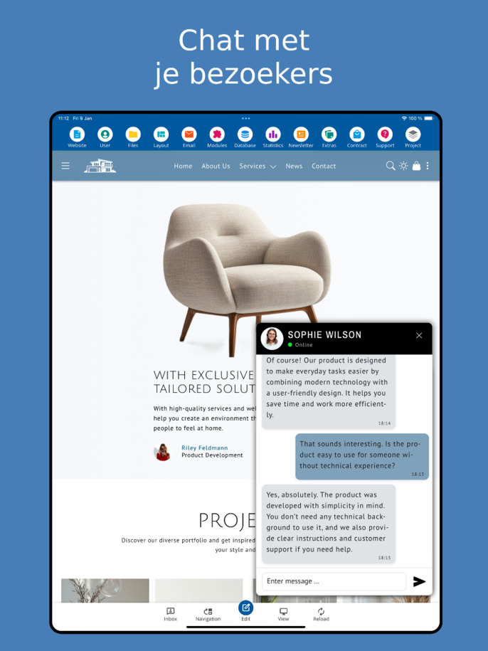 Chat met bezoekers in de Website Builder-app – tabletweergave