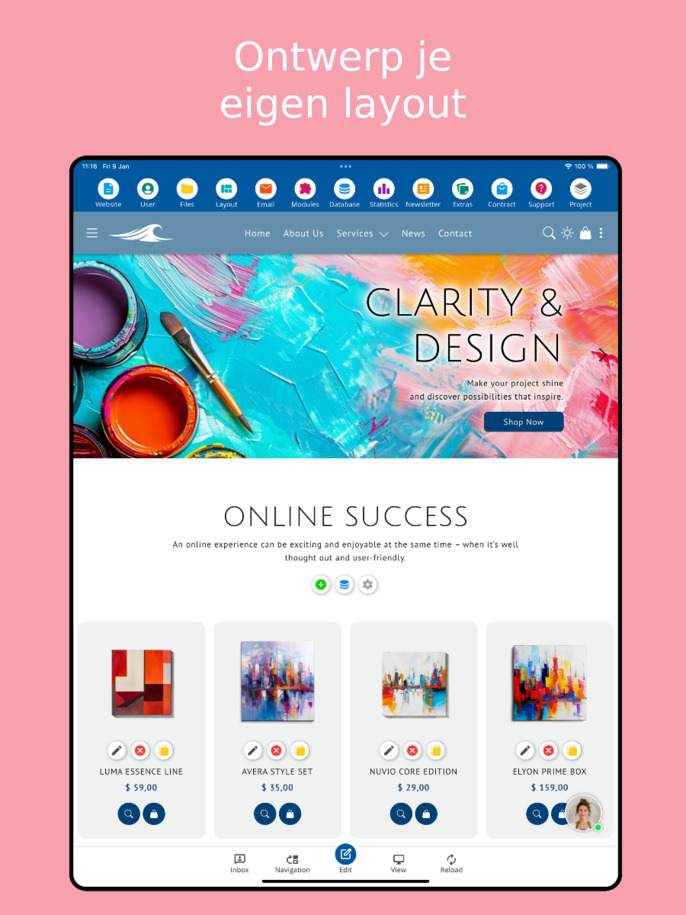 Layout-editor van de Website Builder-app – tabletweergave