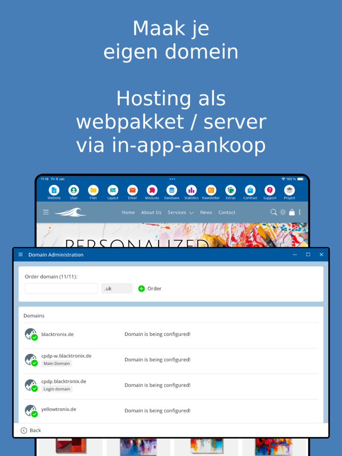 Domeinbeheer in de app – tablet screenshot