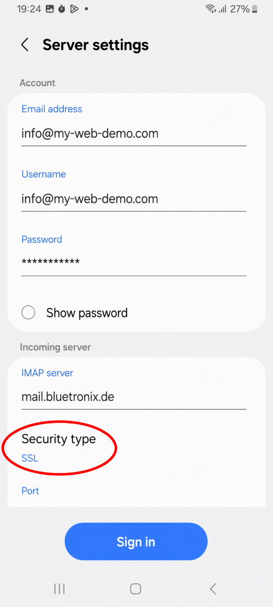 Samsung E-Mail App mit geöffnetem Bereich für die Servereinstellungen und der Auswahl des Sicherheitstyps