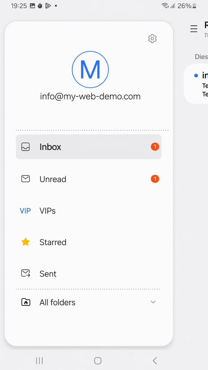 Posteingang der Samsung E-Mail App mit Hinweis auf eine neu eingegangene Nachricht