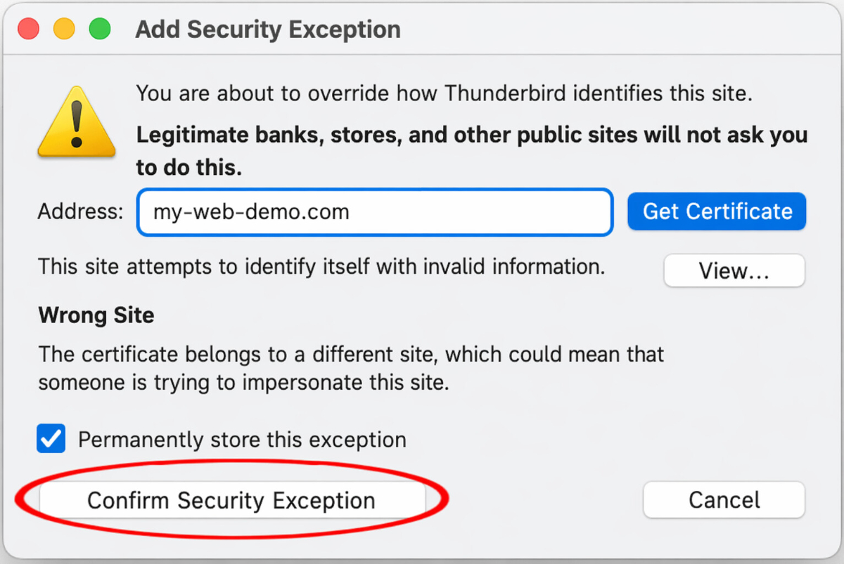 Thunderbird-Sicherheitsmeldung mit der Möglichkeit, eine Sicherheits-Ausnahmeregel zu bestätigen