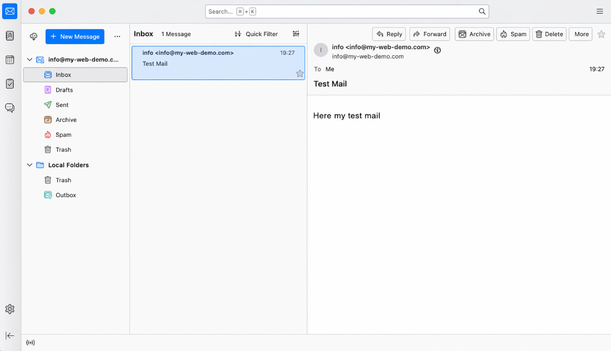 Thunderbird-Posteingang auf dem Mac mit erfolgreich empfangener Test-E-Mail